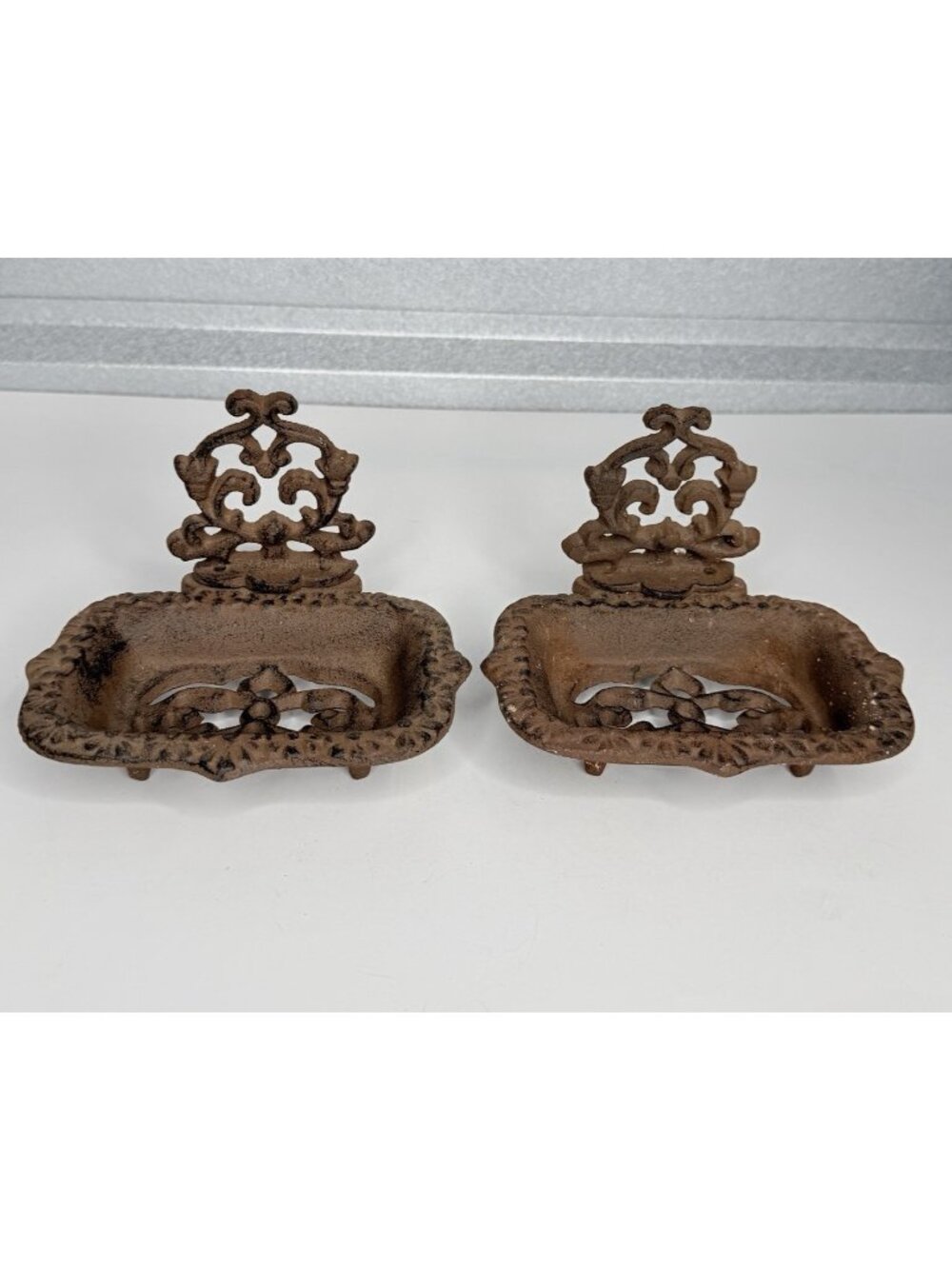 Set of 2 Cast Iron Soap Dishes Ornate Victorian Scrollwork Rustic Brown Footed